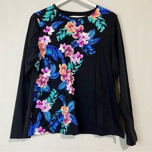 Lands’ End Women’s Crewneck Long Sleeve Swim Tee Black Hibiscus Size XL New FLAW